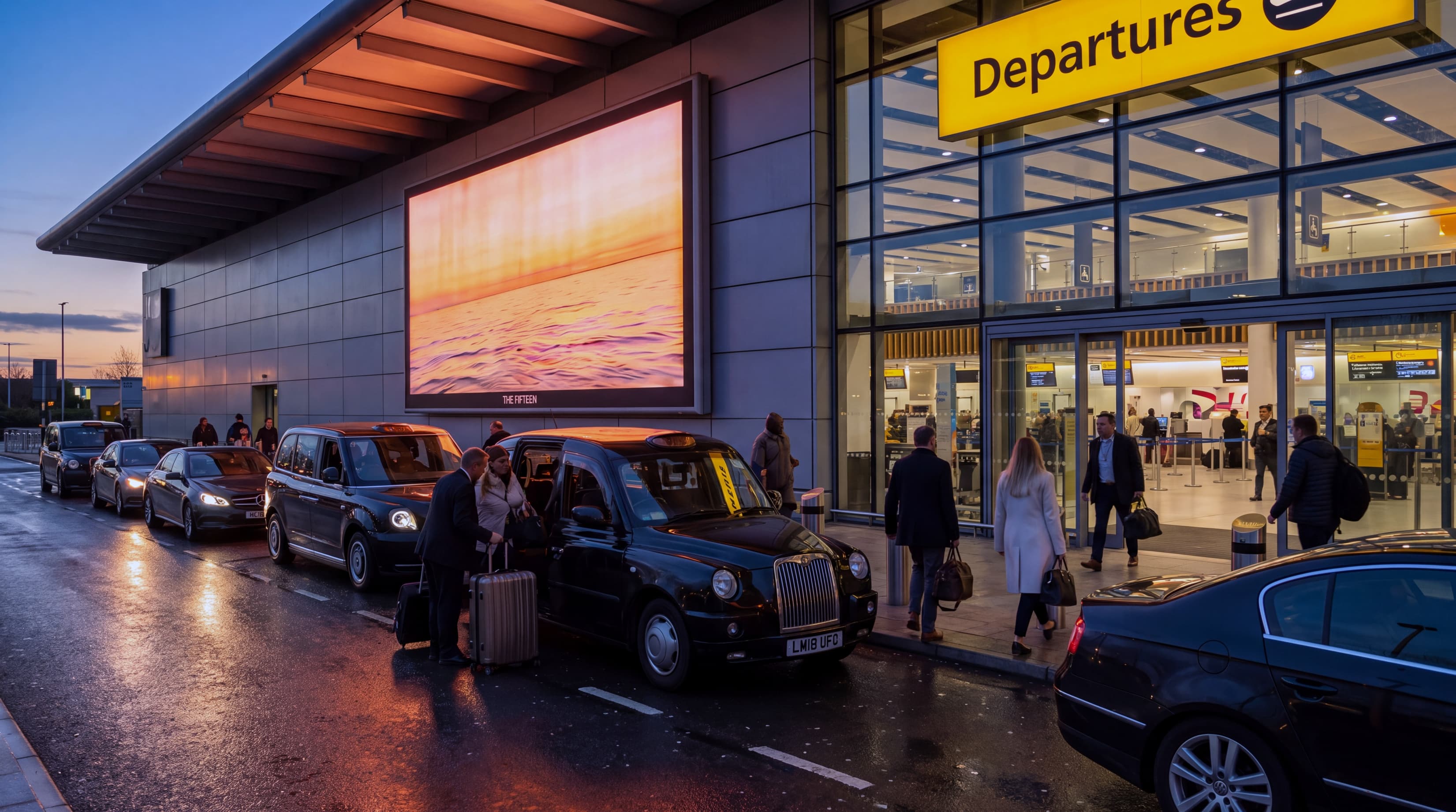 An airport departures drop-off at sunset: a wide illuminated seascape advertisement on the terminal wall, a couple loading a case at the open door of a black cab beneath it, travellers walking in through the doors under a large Departures sign, and a queue of cabs and cars along the wet kerb.