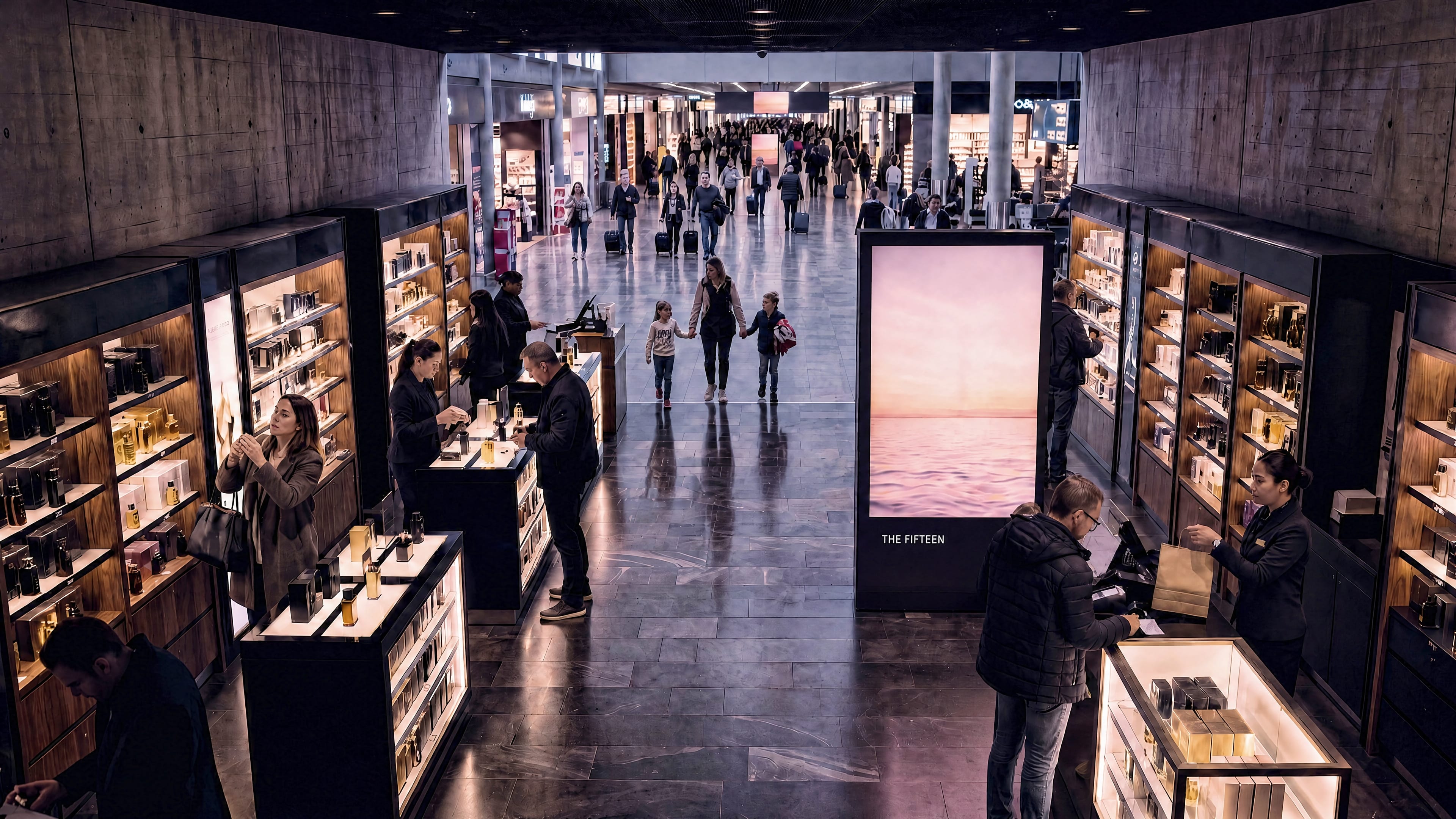 A duty-free hall at night — travelers drift past a wall of illuminated seascape advertisements, eyes on phones, while shoppers browse the lit glass counters.